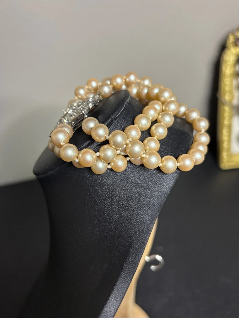 Kenneth Lane Vintage Triple Strand Faux Pearl Bracelet Rhinestone Clasp Art Deco